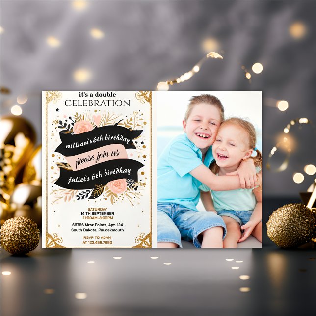 photo twin Black simple modern Joint Birthday Invitation (Creator Uploaded)