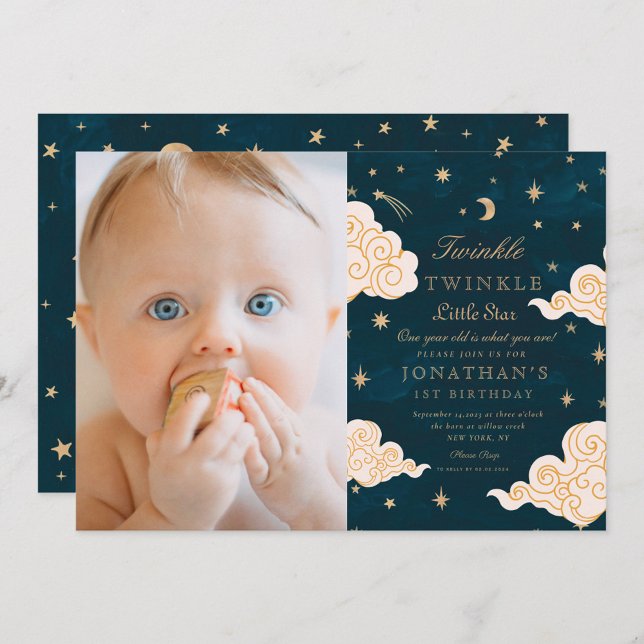 photo Twinkle Little Stars Cute Moon 1st Birthday Invitation (Creator Uploaded)
