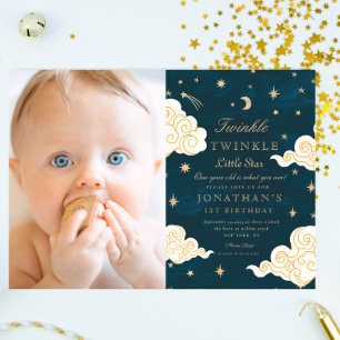 photo Twinkle Little Stars Cute Moon 1st Birthday Invitation