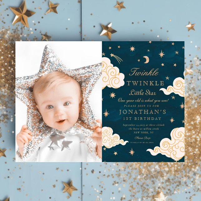 photo Twinkle Little Stars Cute Moon 1st Birthday Invitation (Creator Uploaded)