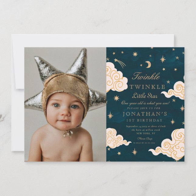 photo Twinkle Little Stars Cute Moon 1st Birthday Invitation (Front)
