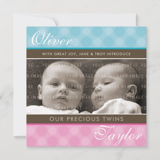 PHOTO TWINS BIRTH ANNOUNCEMENT cute boy + girl (Front)