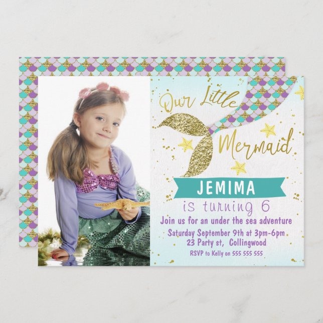 Photo Under Sea Mermaid Tail Birthday Invitation (Front/Back)