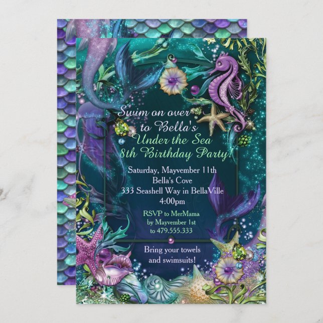 Photo Under the Sea Mermaid Birthday Invitations (Front/Back)
