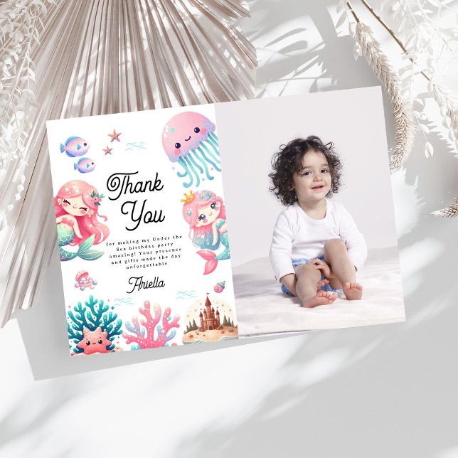 Photo Under the Sea Mermaids Kids Birthday Party  Thank You Card (Creator Uploaded)