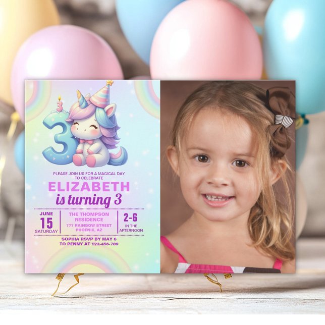 Photo Unicorn 3rd Birthday – Rainbow Girl party Invitation (Creator Uploaded)
