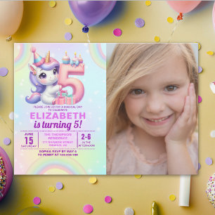 Photo Unicorn 5th Birthday – Rainbow Girl party Invitation