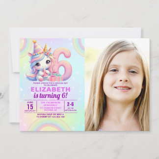 Photo Unicorn 6th Birthday – Rainbow Girl party Invitation
