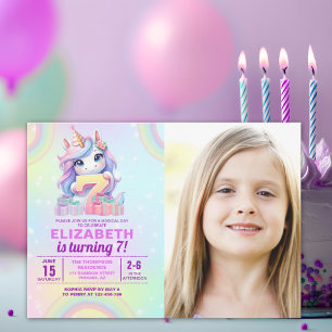 Photo Unicorn 7th Birthday – Rainbow Girl  Invitation