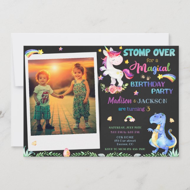 Photo Unicorn and Dinosaur birthday invitation (Front)
