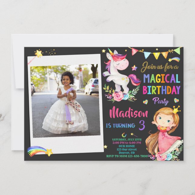 Photo Unicorn and Princess birthday invitation (Front)