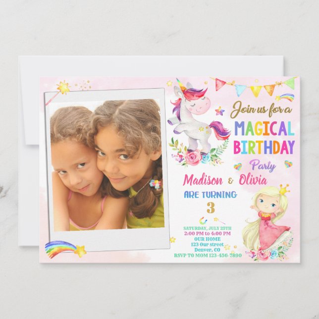 Photo Unicorn and Princess birthday invitation (Front)