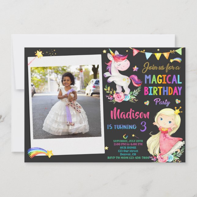 Photo Unicorn and Princess birthday invitation (Front)