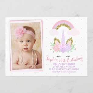Photo Unicorn and Rainbow Birthday Invitation