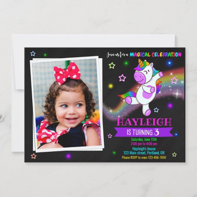 Photo Unicorn birthday invitation 1st magic party (Front)