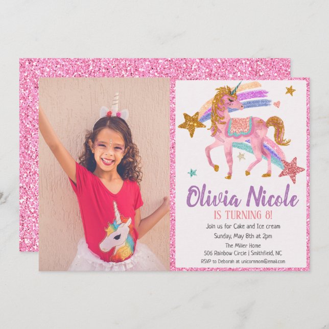 Photo Unicorn Glitter Birthday Invitation (Front/Back)