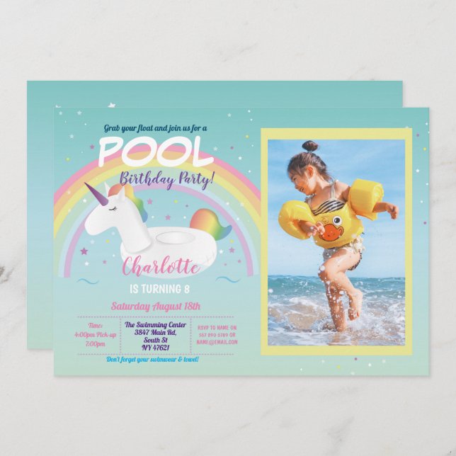 Photo Unicorn Pool Party Birthday Rainbow Float Invitation (Front/Back)