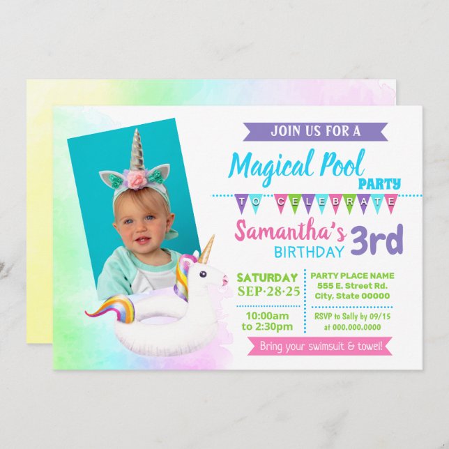 Photo Unicorn pool summer birthday party Invitation (Front/Back)