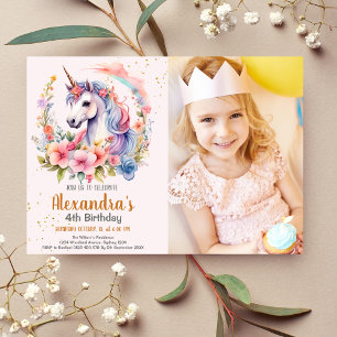 Photo  Unicorn Rainbow Sparkles Gold Birthday  Invitation