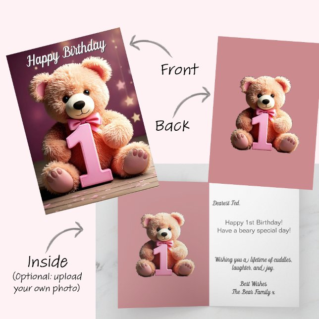 Photo Upload Cute Teddy Bear Girl 1st Birthday Card (Girl Happy 1st first birthday card. Cream teddy bear holding a number 1. Pink star background)