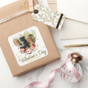 Photo Valentine's Day Heart Gold Glitter Hearts Square Sticker