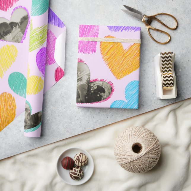 Photo Valentine's Day Rainbow Hand Drawn Hearts  Wrapping Paper (Crafts)