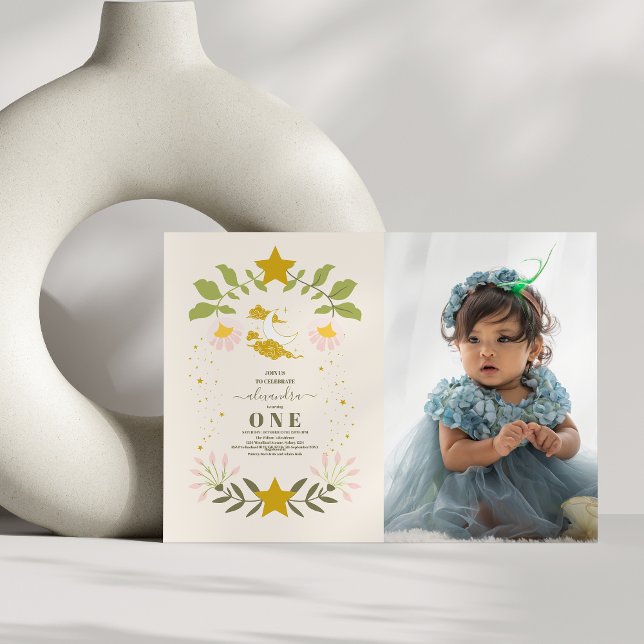 Photo Vintage Celestial Botanical 1st Birthday Invitation (Creator Uploaded)