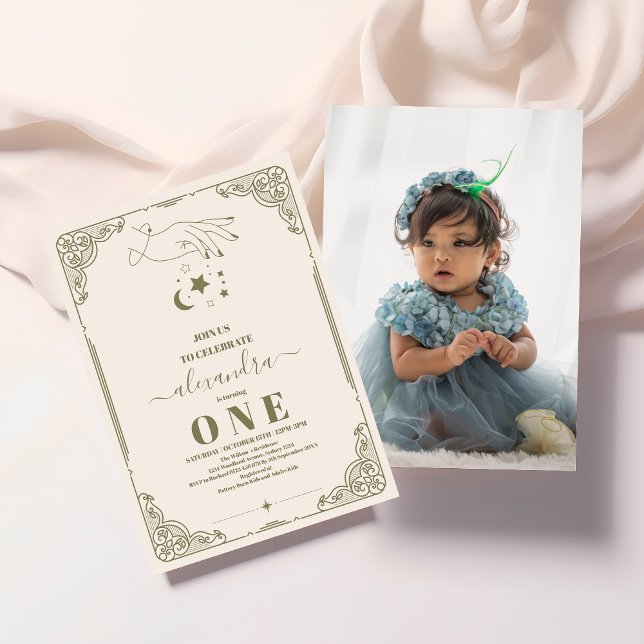 Photo Vintage Celestial Botanical 1st Birthday Invitation (Creator Uploaded)