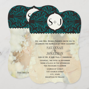 Photo Vintage Damask Emerald Green Die Cut Wedding Invitation