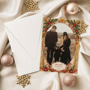 Photo Vintage Holly and Gold Christmas Holiday Card