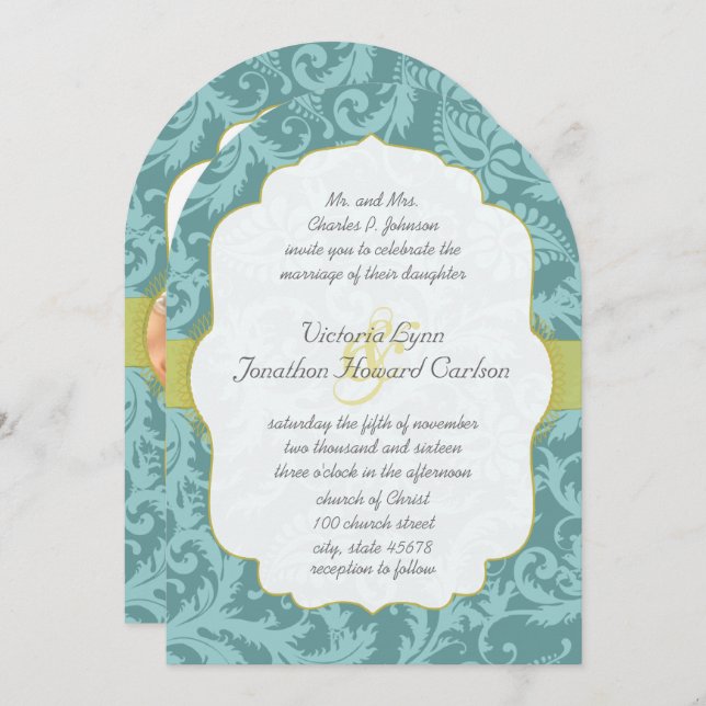 Photo Vintage Love Bird Damask Wedding Invite (Front/Back)