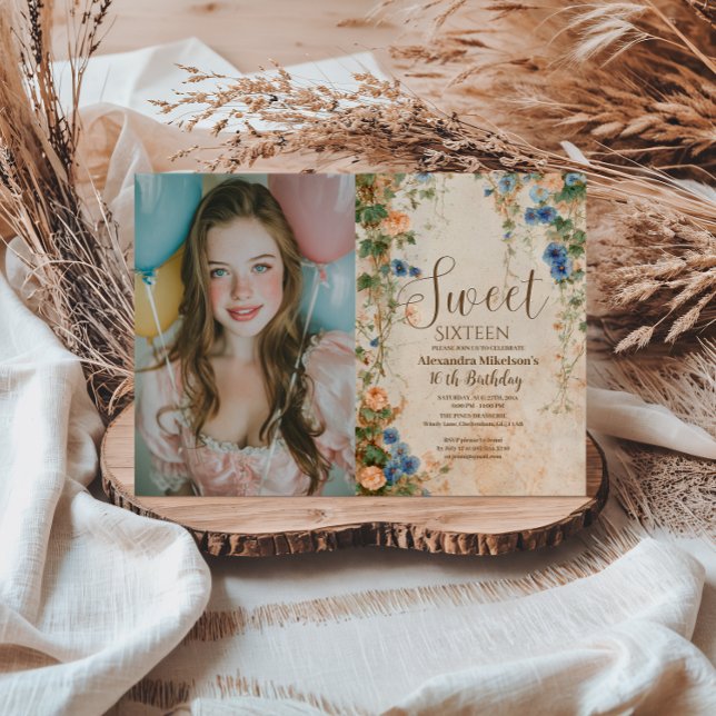Photo Vintage Pastel Wildflower Sweet Sixteen Invitation (Creator Uploaded)