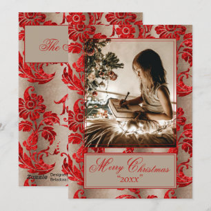 Photo Vintage Red Damask Holiday Card