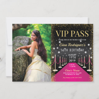 Photo VIP Pass Hollywood Pink Red Carpet Birthday Invitation