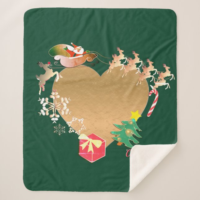 Photo w/Santa Reindeer Christmas Heart   Sherpa Blanket (Front)