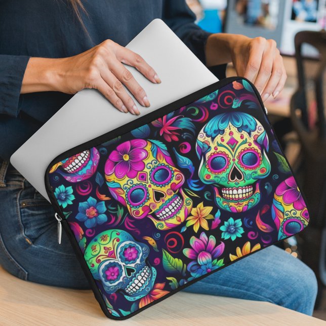 Photo Wallet Laptop Sleeve (Sugar skulls in pink blue yellow and green on a cute lap top sleeve and cover. )