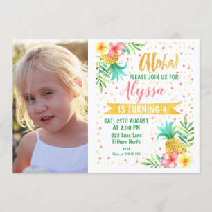 Photo Watercolor Aloha Luau Birthday Invitation