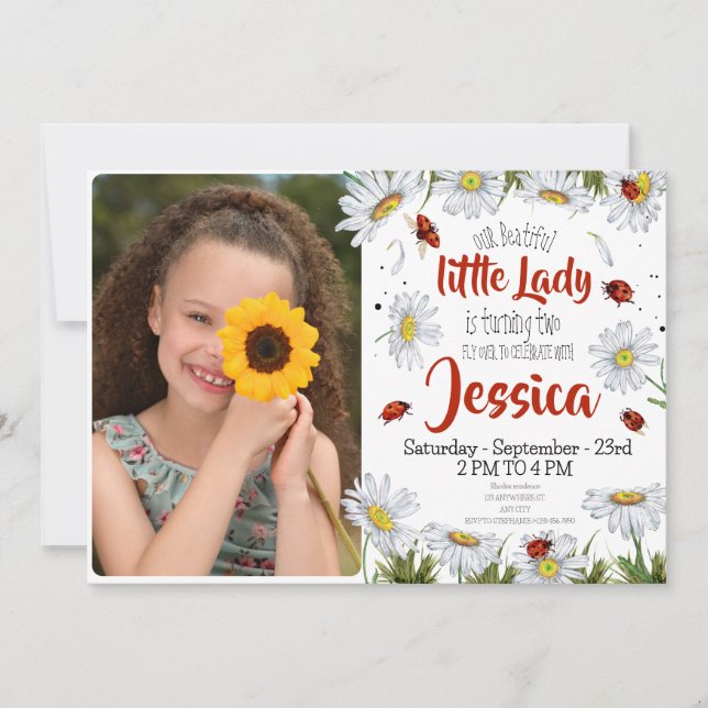 Photo Watercolor Cute Birthday Girl Ladybug Invitation (Front)