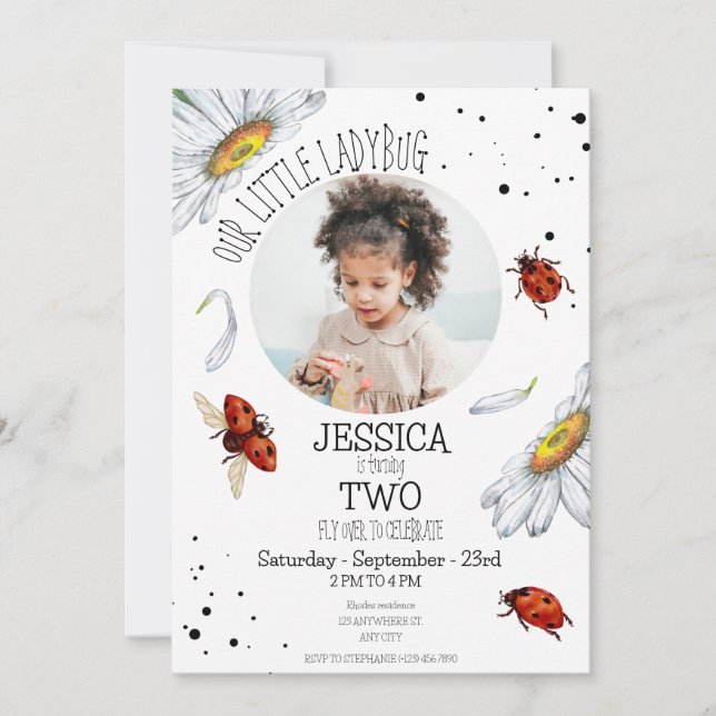 Photo Watercolor Cute Birthday Girl Ladybug Invitation (Front)
