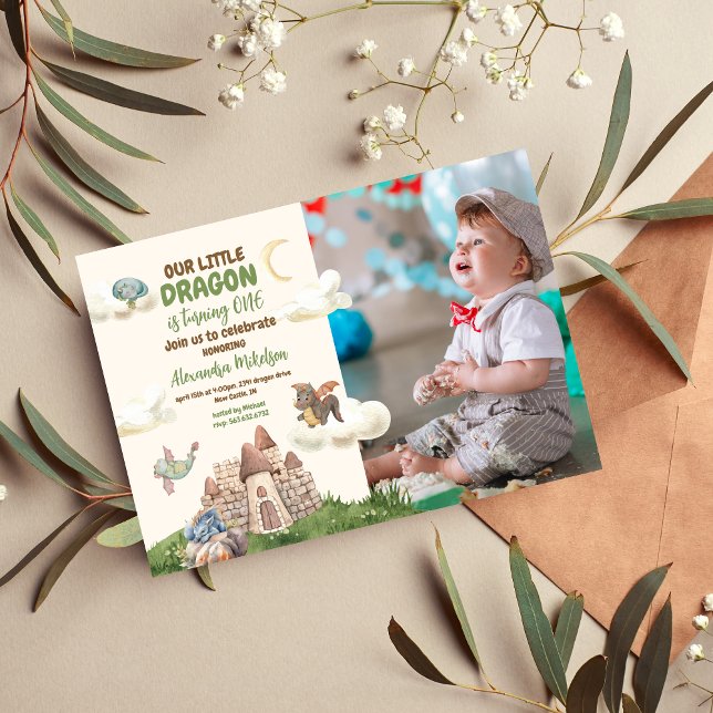 Photo Watercolor Dragon Baby 1st Birthday Invitation (Creator Uploaded)