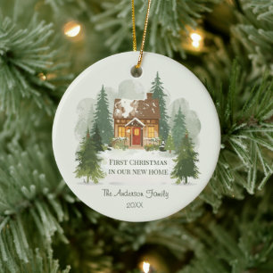 Photo Watercolor First Christmas in Our New Home Ceramic Ornament
