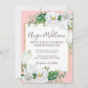 Photo Watercolor Magnolia Blush QR Code Wedding Invitation