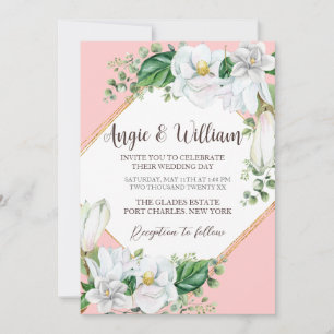 Photo Watercolor Magnolia Blush QR Code Wedding Invitation
