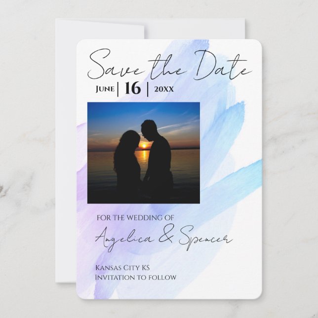 photo watercolor modern purple blue save the date  invitation (Front)