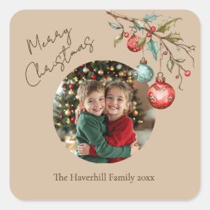 Photo Watercolor Ornaments Christmas Chic Beige Square Sticker
