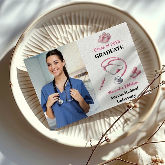 Photo Watercolor Pink Nursing School Graduate  Announcement (Creator Uploaded)