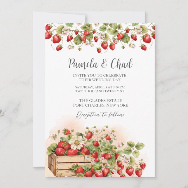  Photo Watercolor Strawberries QR Code Wedding Invitation (Front)