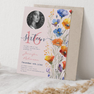 PHOTO Watercolor Wildflowers Sweet 16 Blush  Invitation