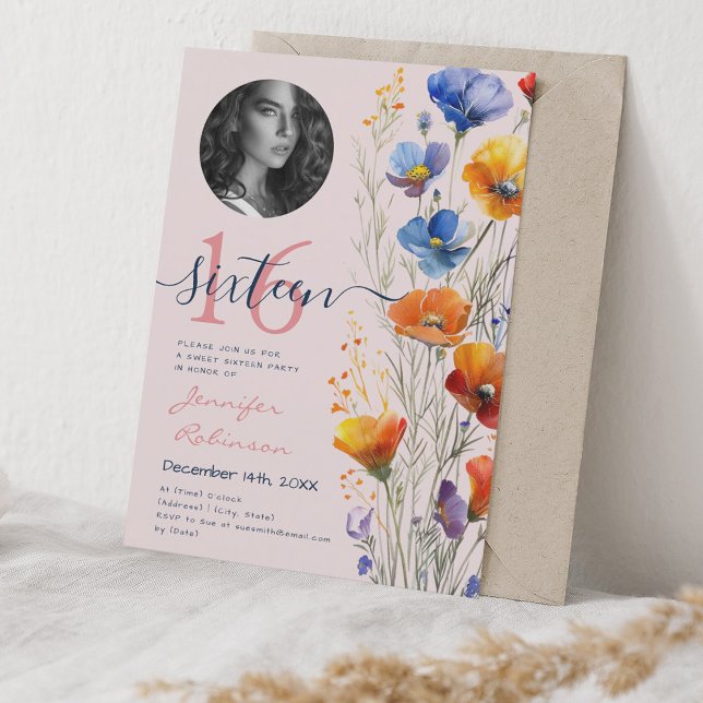 PHOTO Watercolor Wildflowers Sweet 16 Blush  Invitation (PHOTO Watercolor Wildflowers Sweet 16 Blush Invitation)