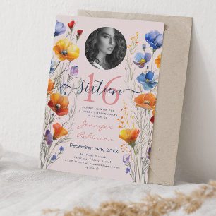 PHOTO Watercolor Wildflowers Sweet 16 Blush Pink Invitation